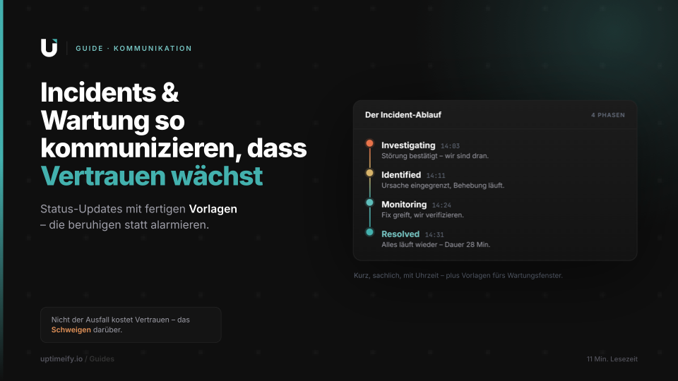 Zeitleiste von Status-Updates während eines Incidents, vom ersten Hinweis bis zur Entwarnung